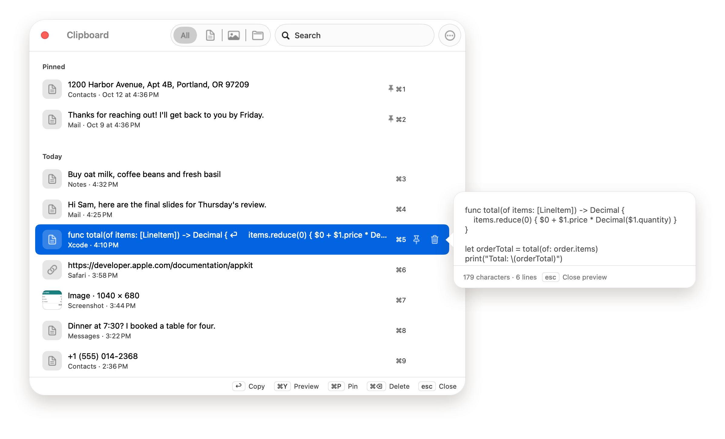 The Magpie Clip history window, with search and a preview